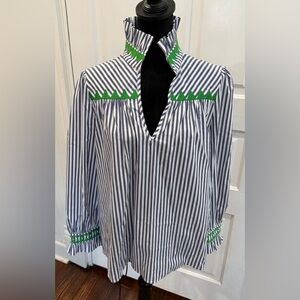 CK Bradley High Collar Green Embroidered Striped Long Sleeve Designer Blouse Sal